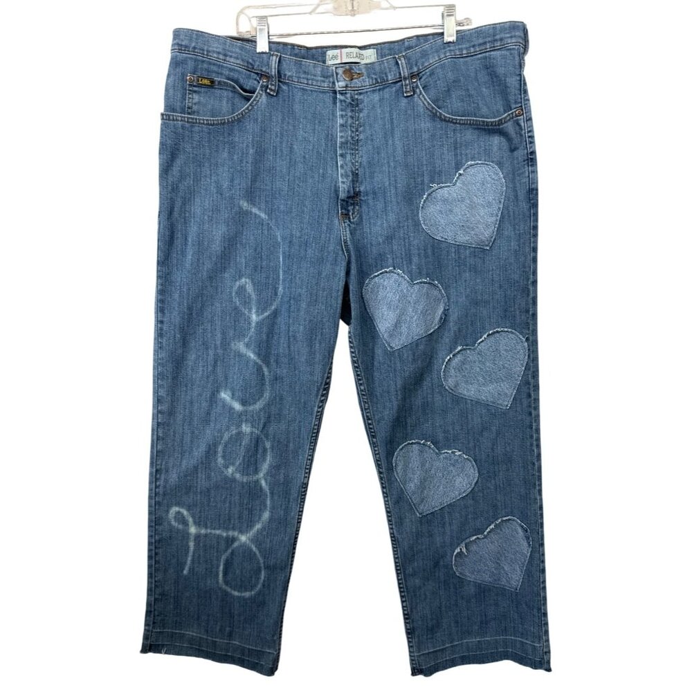 The Scrappy Camper Womens Jeans XXL Upcycled Valentines Hearts Quilted Festival